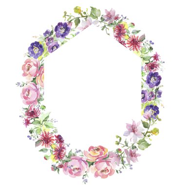 Buket çiçek botanik çiçekler. Suluboya arka plan illüstrasyon küme. Çerçeve kenarlığı süsleme Meydanı.