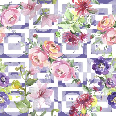 Buket çiçek botanik çiçekler. Suluboya arka plan illüstrasyon küme. Sorunsuz arka plan deseni.