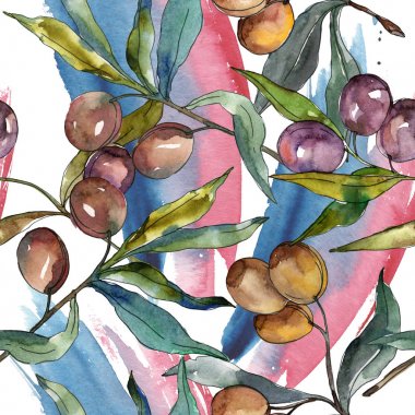 Siyah ve yeşil meyveli zeytin dalı. Suluboya arka plan illüstrasyon seti. Kesintisiz arka plan deseni.