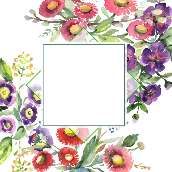 Bukett blommor botaniska blommor. Akvarell bakgrund illustration set. Ram gränsen prydnad square. — Stockfoto