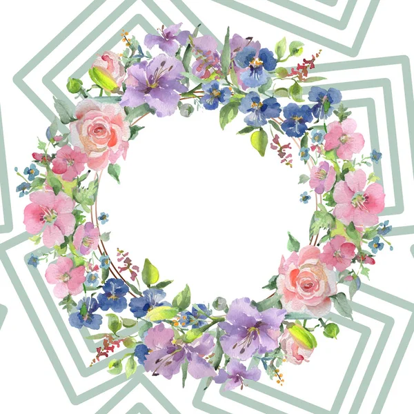 Buket çiçek botanik çiçekler. Suluboya arka plan illüstrasyon küme. Çerçeve kenarlığı süsleme Meydanı.