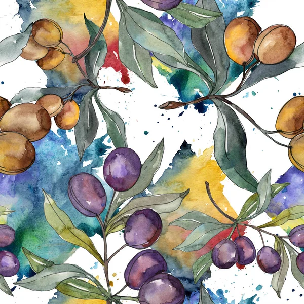 Olive branch with black and green fruit. Watercolor background illustration set. Seamless background pattern. — Stock Photo, Image