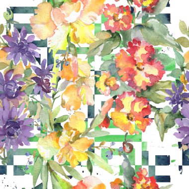 Buket çiçek botanik çiçekler. Suluboya arka plan illüstrasyon küme. Sorunsuz arka plan deseni.