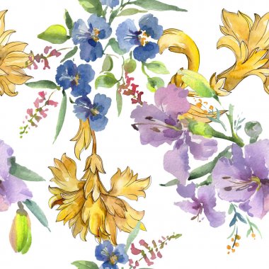 Buket çiçek botanik çiçekler. Suluboya arka plan illüstrasyon küme. Sorunsuz arka plan deseni.