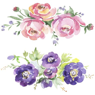 Buket çiçek botanik çiçekler. Suluboya arka plan illüstrasyon seti. İzole buketleri illüstrasyon elemanı.