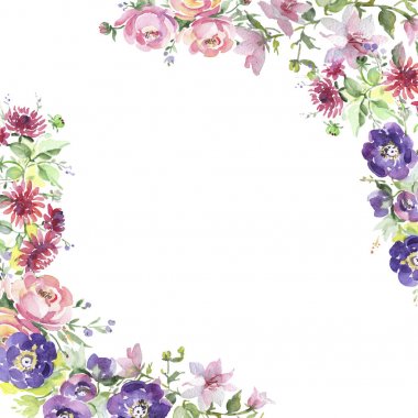 Buket çiçek botanik çiçekler. Suluboya arka plan illüstrasyon küme. Çerçeve kenarlığı süsleme Meydanı.