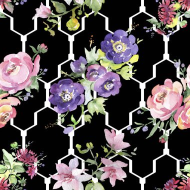 Buket çiçek botanik çiçekler. Suluboya arka plan illüstrasyon küme. Sorunsuz arka plan deseni.