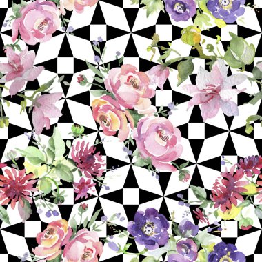 Buket çiçek botanik çiçekler. Suluboya arka plan illüstrasyon küme. Sorunsuz arka plan deseni.