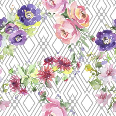 Buket çiçek botanik çiçekler. Suluboya arka plan illüstrasyon küme. Sorunsuz arka plan deseni.