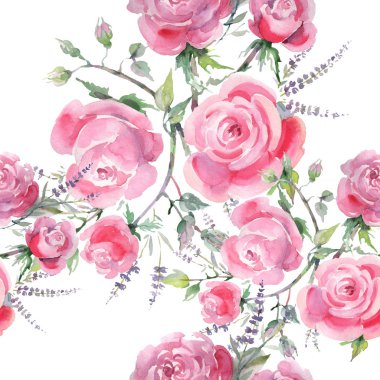 Pembe buket çiçek botanik çiçek gül. Suluboya arka plan illüstrasyon küme. Sorunsuz arka plan deseni.