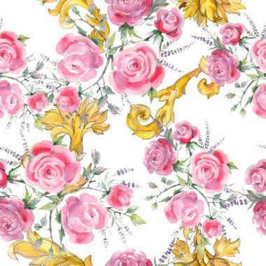 Pembe buket çiçek botanik çiçek gül. Suluboya arka plan illüstrasyon küme. Sorunsuz arka plan deseni.
