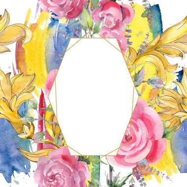 Pembe buket çiçek botanik çiçek gül. Suluboya arka plan illüstrasyon küme. Çerçeve kenarlığı süsleme Meydanı.