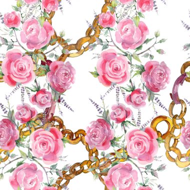 Pembe buket çiçek botanik çiçek gül. Suluboya arka plan illüstrasyon küme. Sorunsuz arka plan deseni.