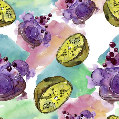 Suluboya tarzında lezzetli tatlıtatlılar. Suluboya illüstrasyon seti. Kesintisiz arka plan deseni.