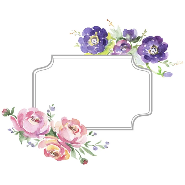 Bouquet floreale fiori botanici. Acquerello sfondo illustrazione set. Quadrato ornamento bordo cornice . — Foto Stock