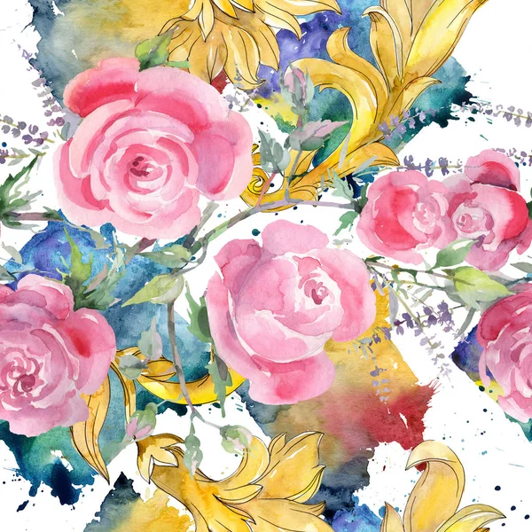 Różowa Róża bukiet kwiatowy kwiaty botanicznych. Zestaw ilustracji tle akwarela. Bezszwowe tło wzór. — Zdjęcie stockowe