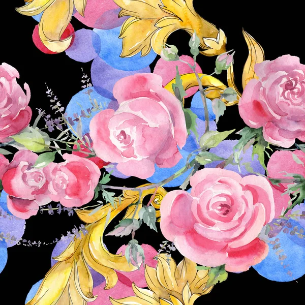 Ροζ μπουκέτο λουλουδιών βοτανικό λουλούδια. Ακουαρέλα φόντο εικόνα σύνολο. Απρόσκοπτη υπόβαθρο μοτίβο. — Φωτογραφία Αρχείου