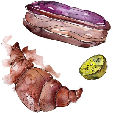 Suluboya tarzında lezzetli tatlıtatlılar. Arka plan çizim seti. Suluboya çizim moda aquarelle izole.