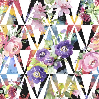 Buket çiçek botanik çiçekler. Suluboya arka plan illüstrasyon küme. Sorunsuz arka plan deseni.