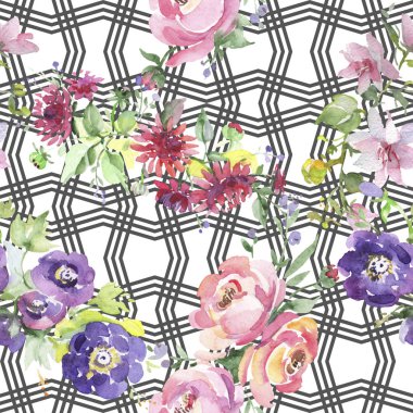 Buket çiçek botanik çiçekler. Suluboya arka plan illüstrasyon küme. Sorunsuz arka plan deseni.