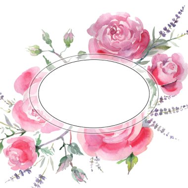 Pembe buket çiçek botanik çiçek gül. Suluboya arka plan illüstrasyon küme. Çerçeve kenarlığı süsleme Meydanı.