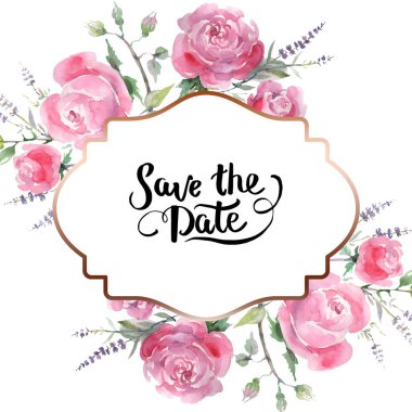 Pembe buket çiçek botanik çiçek gül. Suluboya arka plan illüstrasyon küme. Çerçeve kenarlığı süsleme Meydanı.