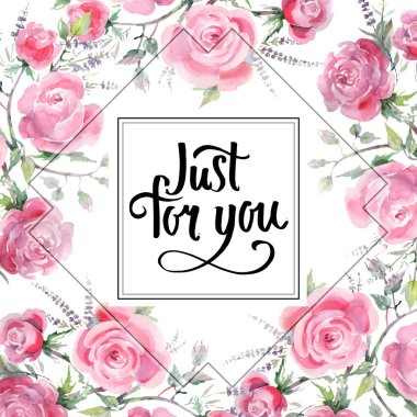 Pembe buket çiçek botanik çiçek gül. Suluboya arka plan illüstrasyon küme. Çerçeve kenarlığı süsleme Meydanı.