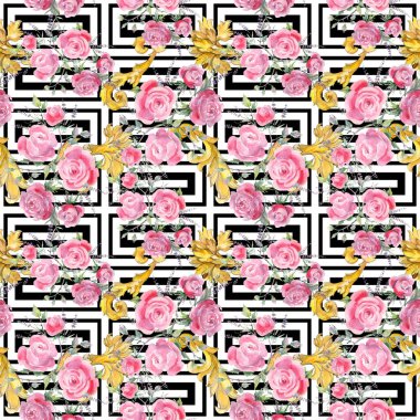 Pembe buket çiçek botanik çiçek gül. Suluboya arka plan illüstrasyon küme. Sorunsuz arka plan deseni.