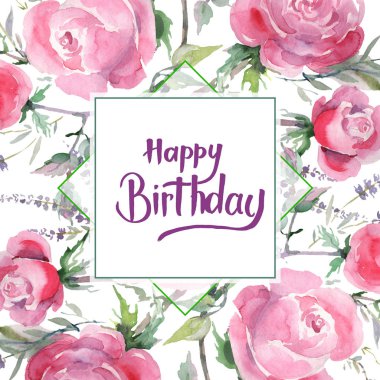 Pembe buket çiçek botanik çiçek gül. Suluboya arka plan illüstrasyon küme. Çerçeve kenarlığı süsleme Meydanı.