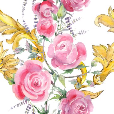 Pembe buket çiçek botanik çiçek gül. Suluboya arka plan illüstrasyon küme. Sorunsuz arka plan deseni.