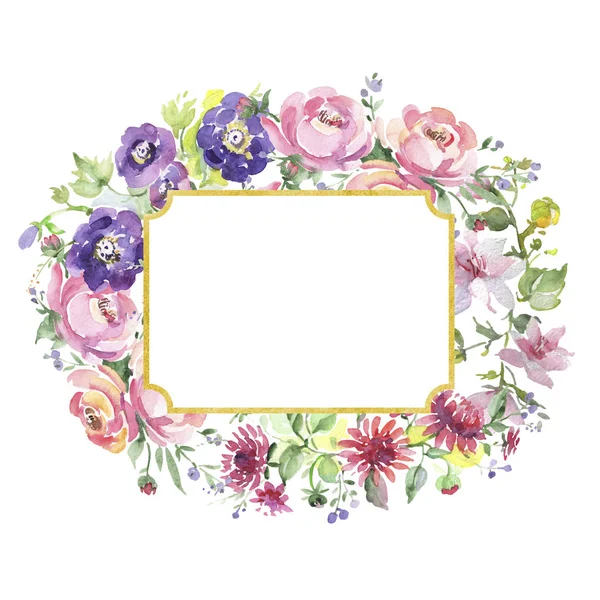 Bouquet floreale fiori botanici. Acquerello sfondo illustrazione set. Quadrato ornamento bordo cornice . — Foto Stock