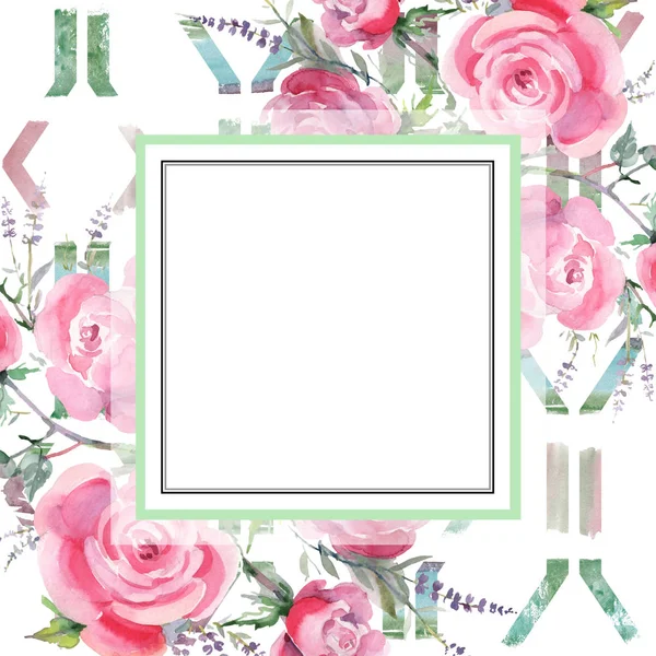 粉红色玫瑰花束花卉植物花。水彩背景插图集。框架边框装饰正方形. — 图库照片