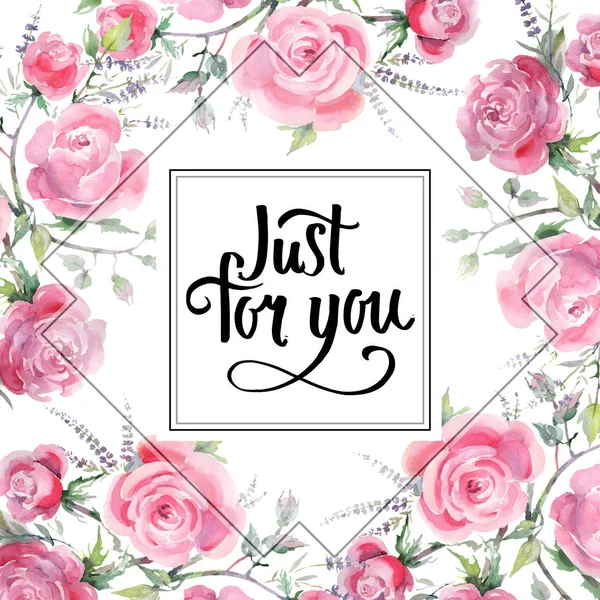 Pembe buket çiçek botanik çiçek gül. Suluboya arka plan illüstrasyon küme. Çerçeve kenarlığı süsleme Meydanı.