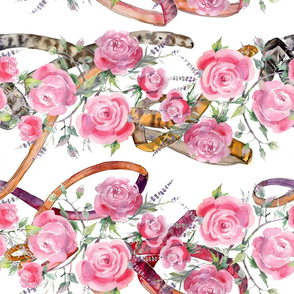 Pink rose bouquet floral botanical flowers. Watercolor background illustration set. Seamless background pattern.