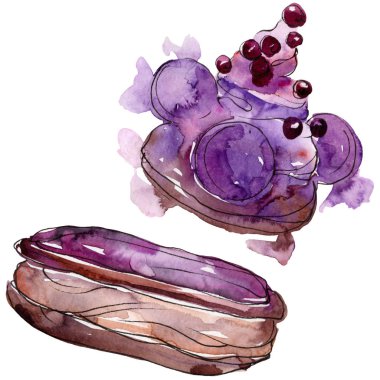 Suluboya tarzında lezzetli tatlıtatlılar. Arka plan çizim seti. Suluboya çizim moda aquarelle izole.