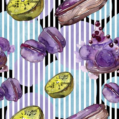 Suluboya tarzında lezzetli tatlıtatlılar. Suluboya illüstrasyon seti. Kesintisiz arka plan deseni.