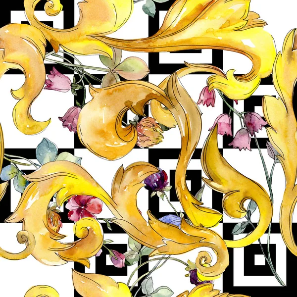 ゴールド ・ モノグラムの花飾り。水彩画背景イラスト セット。シームレスな背景パターン. — ストック写真
