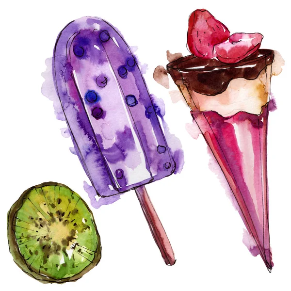 Leckeres Eis im Aquarell-Stil. Aquarell süßes Dessertillustrationsset. isolierte Desserts Hintergrundelement. — Stockfoto