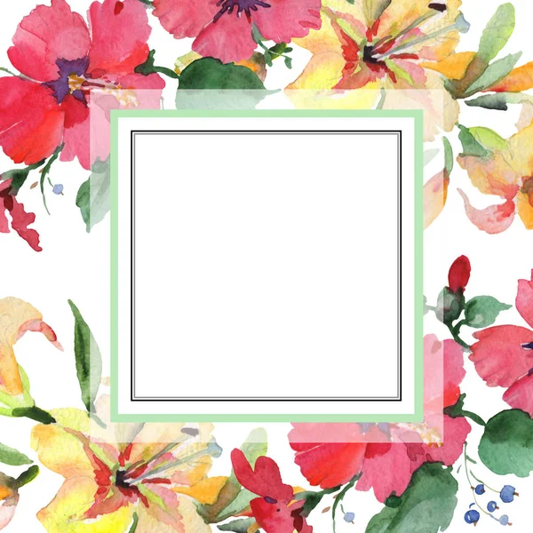 Buquê flores botânicas florais. Conjunto de ilustração de fundo aquarela. Quadro borda ornamento quadrado . — Fotografia de Stock