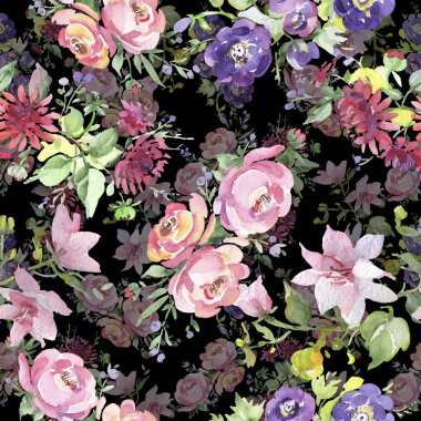 Buket çiçek botanik çiçekler. Suluboya arka plan illüstrasyon küme. Sorunsuz arka plan deseni.