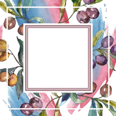 Siyah ve yeşil meyveli zeytin dalı. Suluboya arka plan illüstrasyon seti. Çerçeve kenarlık süs karesi.