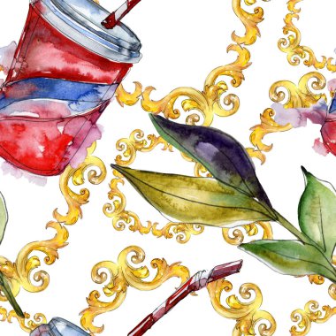 Taze ve soğuk alkolsüz içecekler. Suluboya arka plan illüstrasyon seti. Kesintisiz arka plan deseni.