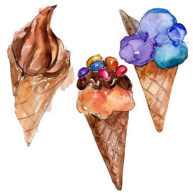 Sulu Boya stilinde lezzetli dondurma. Aquarelle şekerli tatlı şekilde ayarlayın. İzole tatlılar arka plan öğesi.