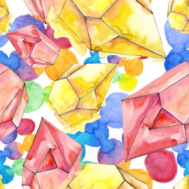 Renkli elmas taş takı mineraller. Suluboya kristal taş arka plan ayarlayın. Sorunsuz arka plan deseni.