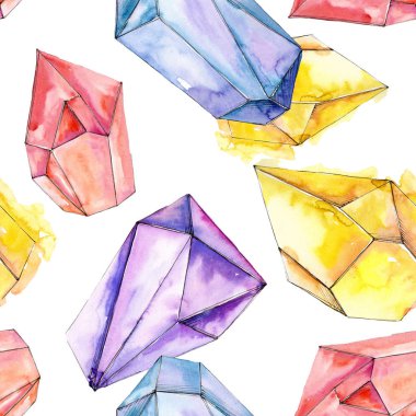 Renkli elmas taş takı mineraller. Suluboya kristal taş arka plan ayarlayın. Sorunsuz arka plan deseni.