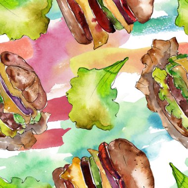 Sosisli fast food izole. Suluboya arka plan illüstrasyon seti. Kesintisiz arka plan deseni.