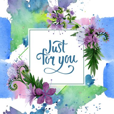 Menekşe phaselia foral botanik çiçekler. Suluboya arka plan illüstrasyon seti. Çerçeve kenarlık süs karesi.