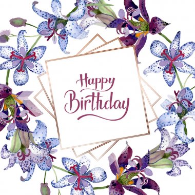 Tricyrtis çiçek botanik çiçekleri. Suluboya arka plan illüstrasyon seti. Çerçeve kenarlık süs karesi.