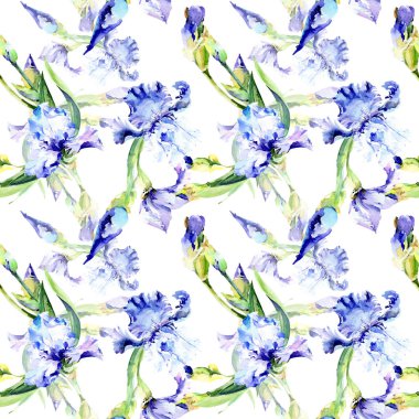 Menekşe iris çiçek botanik çiçekleri. Suluboya arka plan illüstrasyon seti. Kesintisiz arka plan deseni.