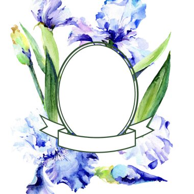 Menekşe iris çiçek botanik çiçekleri. Suluboya arka plan illüstrasyon seti. Çerçeve kenarlık süs karesi.